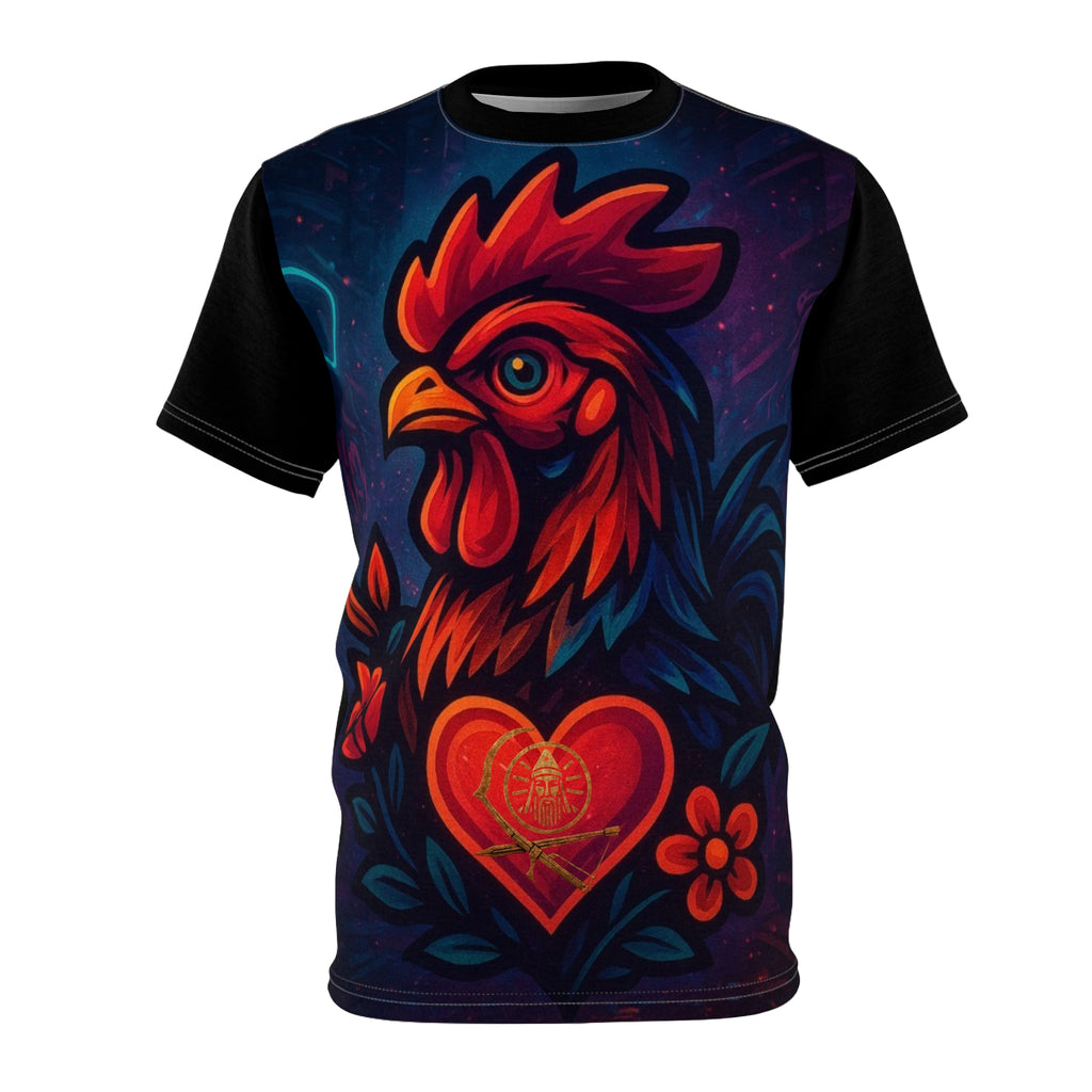 Rooster Heart All-Over Print Tee — Bold Folk Art Rooster Shirt