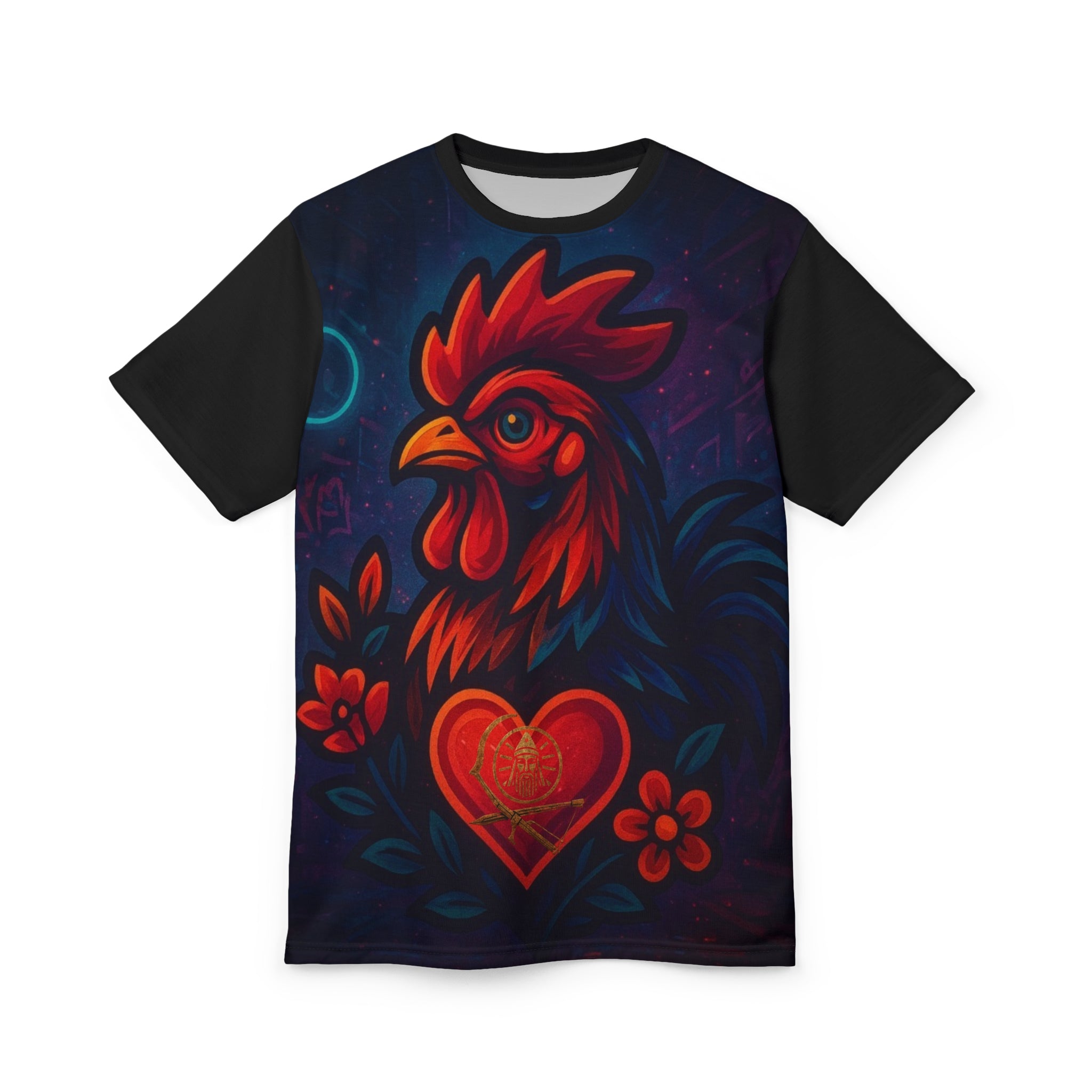 Rooster Heart All-Over Print Tee — Bold Folk Art Rooster Shirt